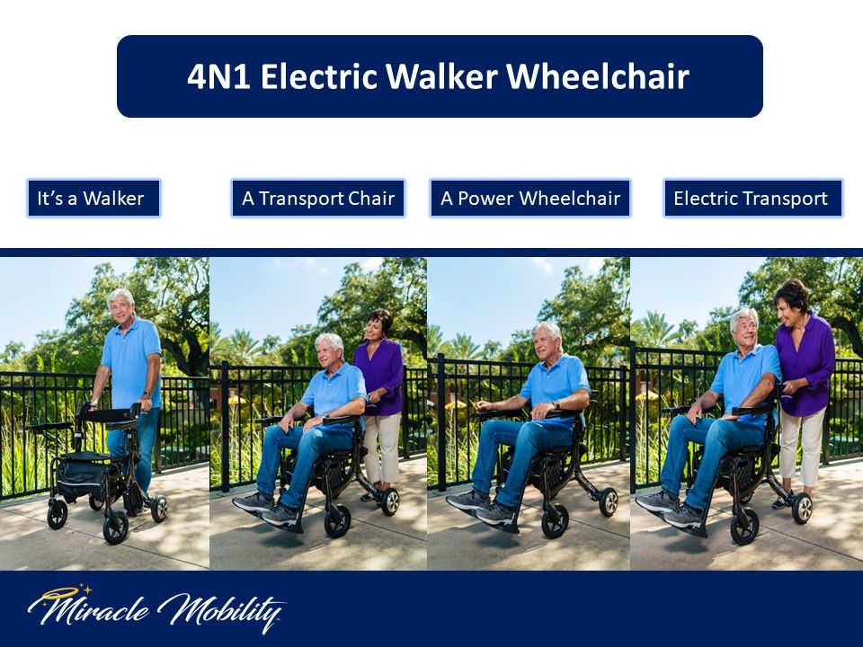 A man and woman in electric wheelchair.