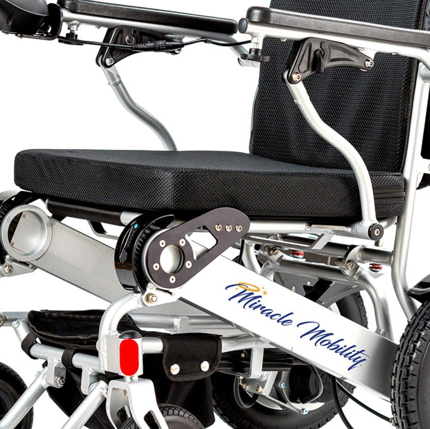 A close up of the back end of a wheelchair