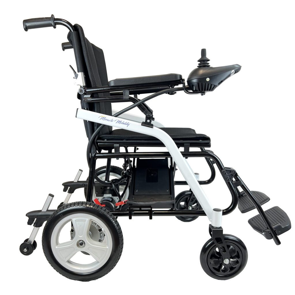 A white and black wheelchair is shown with wheels.