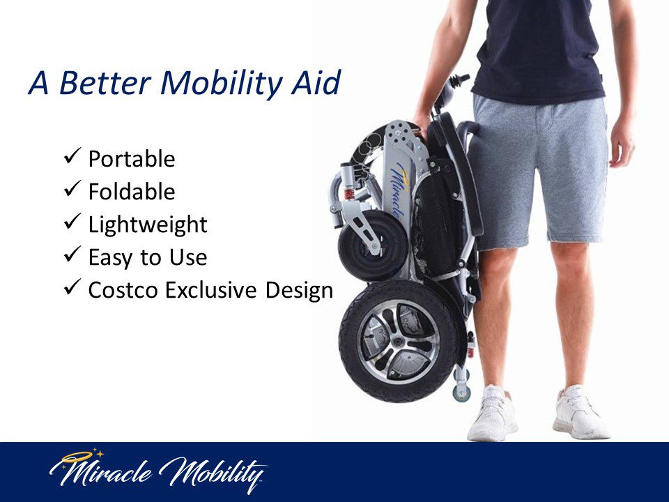 A man is holding a baby stroller with the words a better mobility aid.