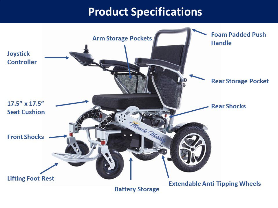 The product specifications of a wheelchair.