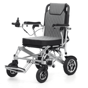 A wheelchair with wheels and seat covers.