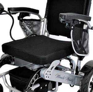 A black and silver wheelchair with a seat cushion.