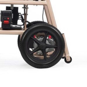 A wheel of an electric cart with the wheels on.