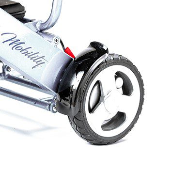 A close up of the wheels on a scooter