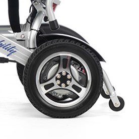 A close up of the wheel on a scooter