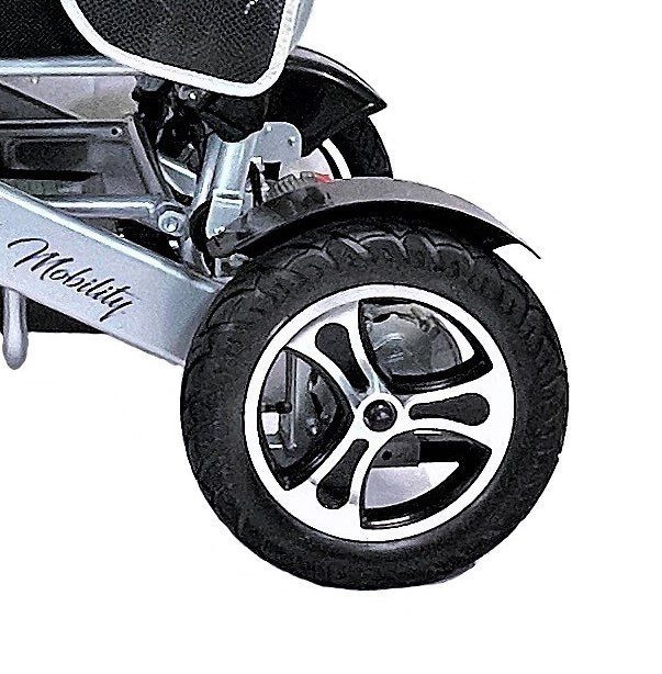 A close up of the wheel on a scooter