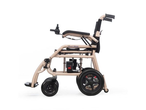 A beige wheelchair with wheels and brakes.