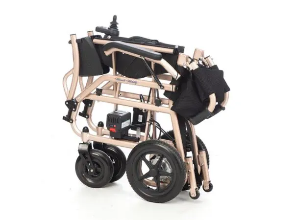 A wheelchair with wheels and a bag on the back.