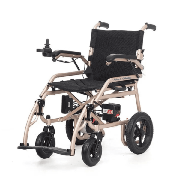 A wheelchair with wheels and black seat.
