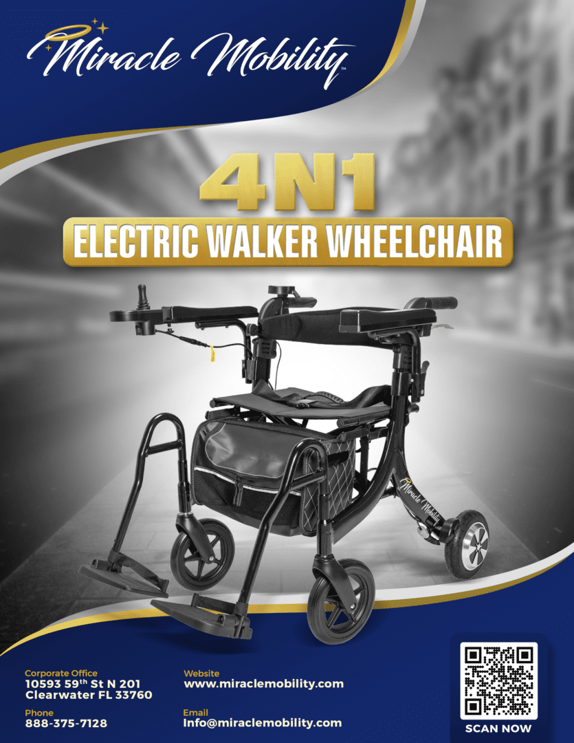 A black electric walker with wheels and seat.