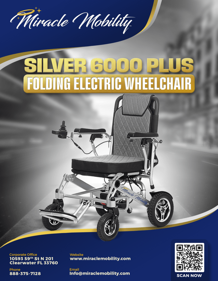 A silver folding electric wheelchair with the text " silver 6 0 0 0 plus "