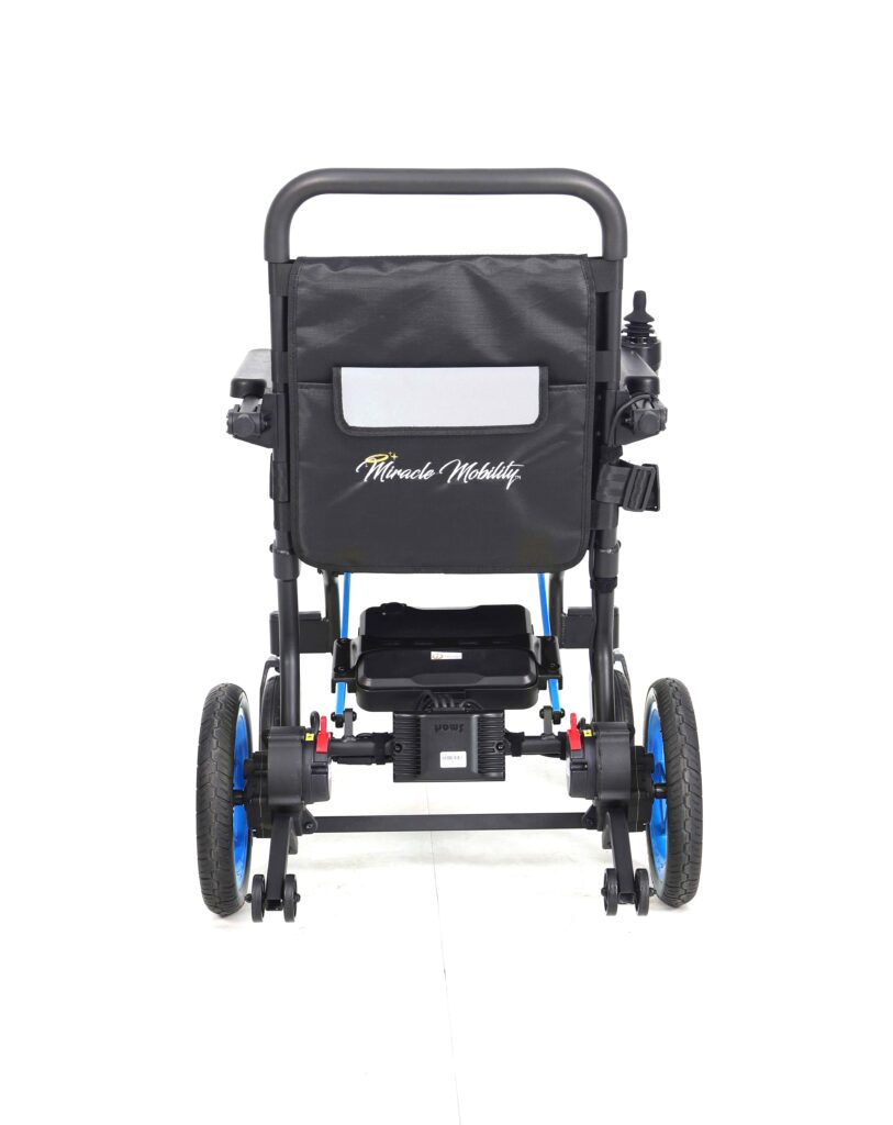 Rear view of black electric wheelchair