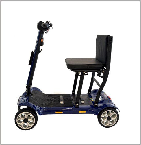Blue four-wheel mobility scooter with seat