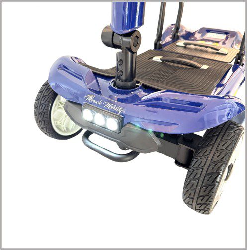 Blue mobility scooter front with LED lights