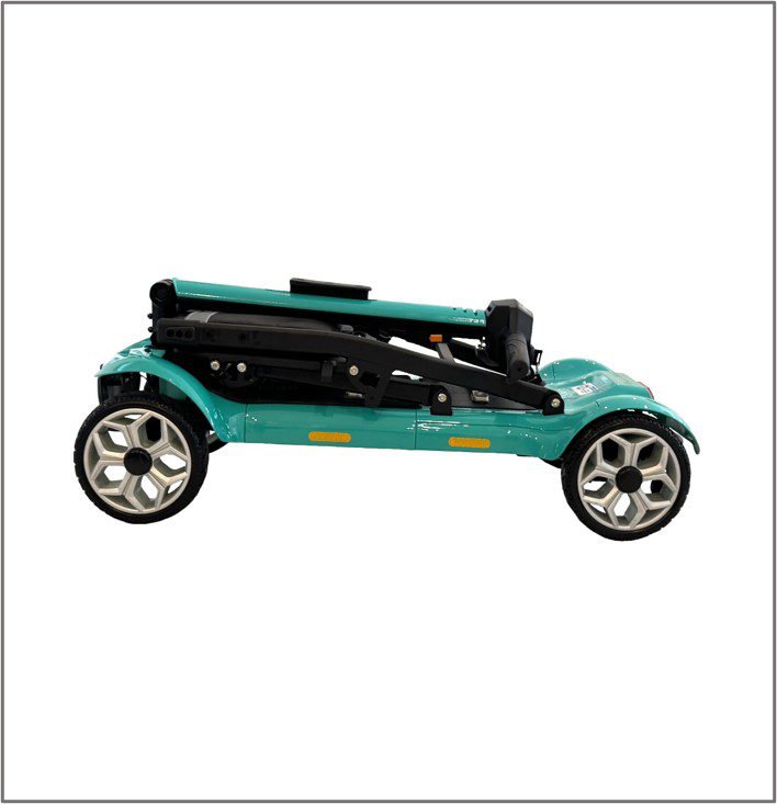 Folded teal baby stroller frame