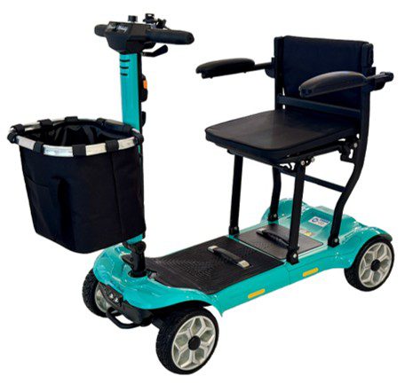 Teal four-wheel mobility scooter with basket