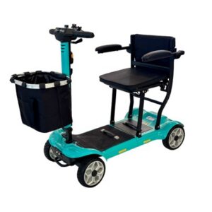 Teal four-wheel mobility scooter with front basket