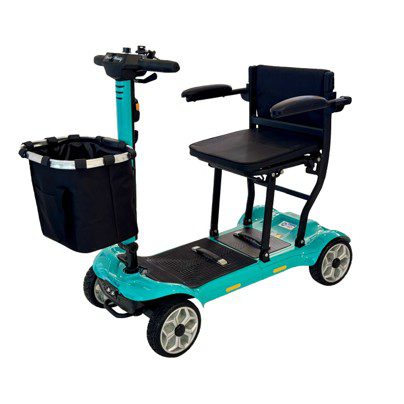 Teal four-wheel mobility scooter with front basket