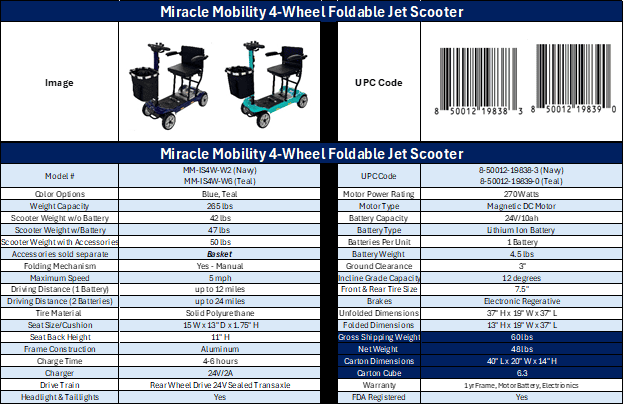 Miracle Mobility 4-wheel foldable jet scooter label